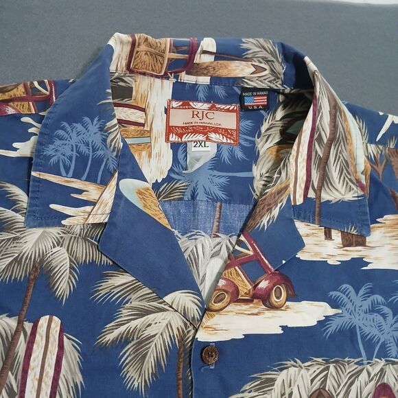 RJC Men 2XL Navy Hawaiian V Neck Button Up Short Sleeve Shirt Surfboard Resort - Picture 5 of 8